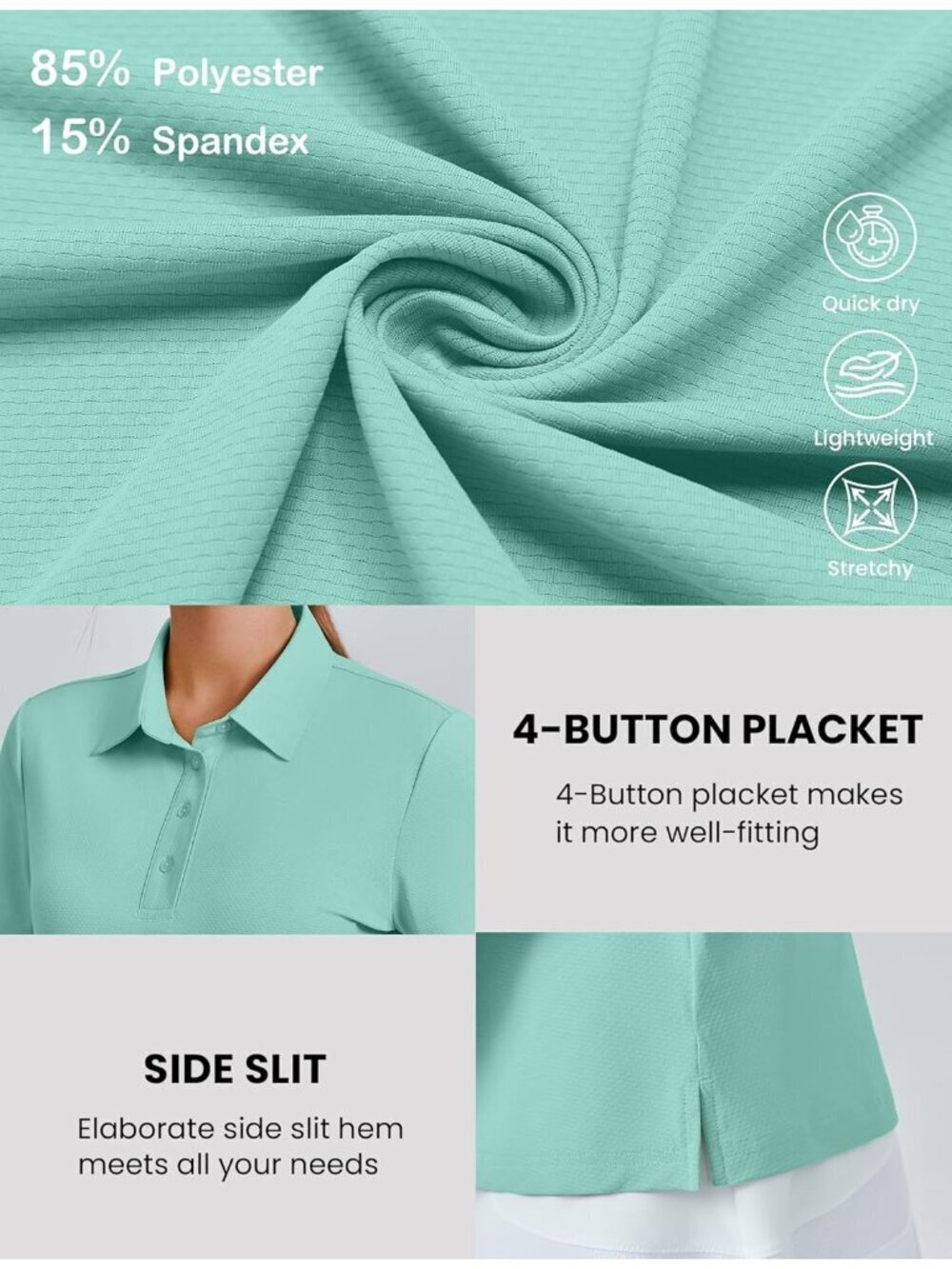 Women's Ice Green 4 Button Golf Polo UPF50+ Quick Dry Tennis Tops Relaxed Fit - Picture 5 of 6